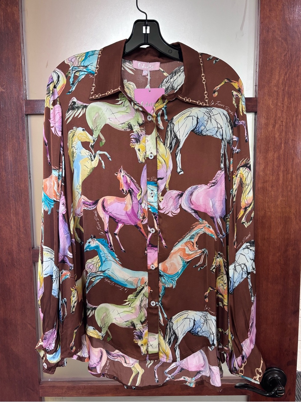 Horse Print Button-Up Blouse